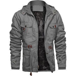 Mens Light Gray Thick Winter Jacket Hooded Fleece Lined Cotton Military Coat